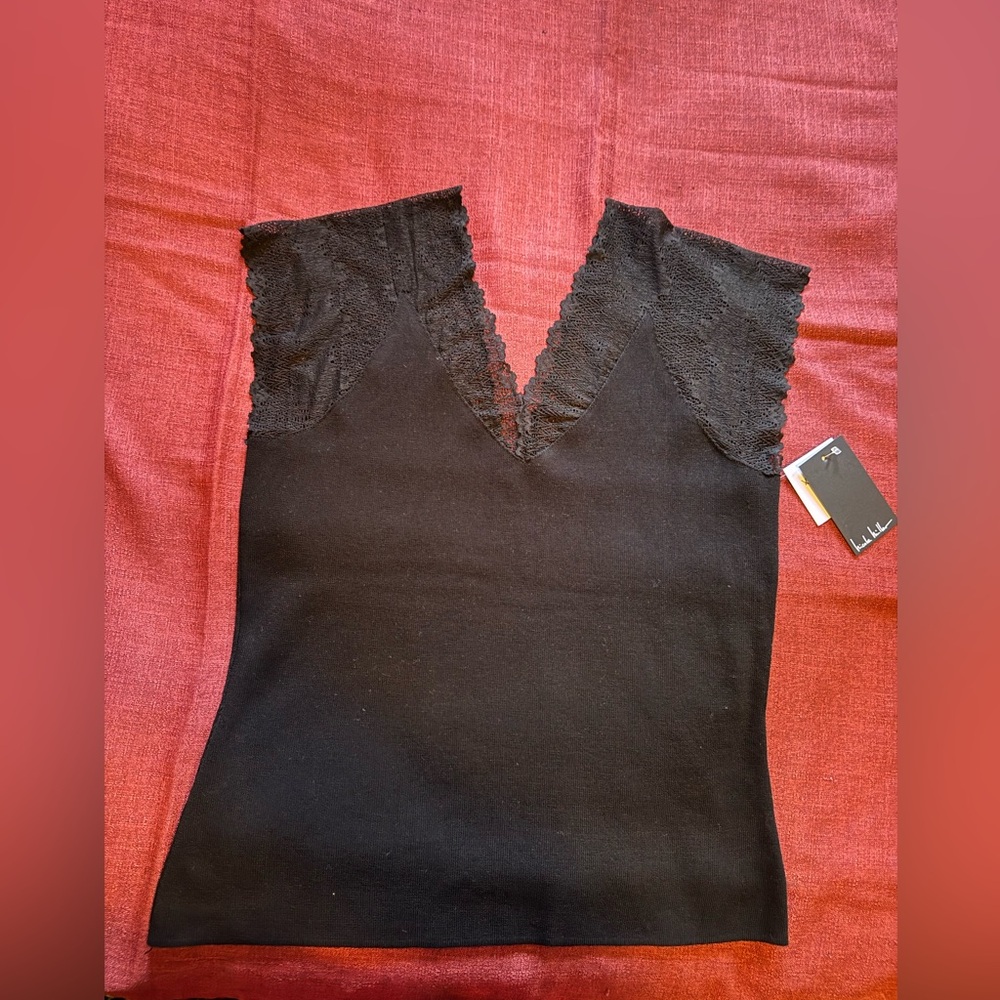 Nicole Miller Black Knit Top/Sweater with Lace Detail Size L - Picture 2 of 13